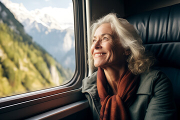 Train Woman Car Window Mountains Alps Winter Snow View Smile