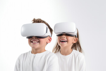 Metaverse and technology. Girl and boy kids are enjoying augmented reality wearing virtual reality goggles. We develop our lives through communication and activities in the digital environment