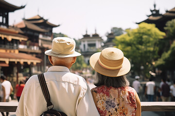 リゾート地を旅行するシニア夫婦