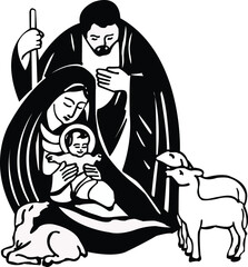 christmas, jesus, born, scene, manger, nativity, christian, family, background, icon, vector, design, baby, art, house, illustration, love, light, home, white, child, animal, star, black, sticker, kid