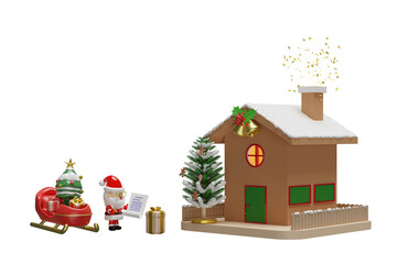 Santa Claus is checking gift boxes with checklist, sleigh, christmas tree, house, fence, jingle bell, gingerbread man, candy cane. merry christmas and happy new year, 3d render illustration