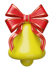 3d yellow bell with red bow, merry christmas and happy new year, 3d render illustration