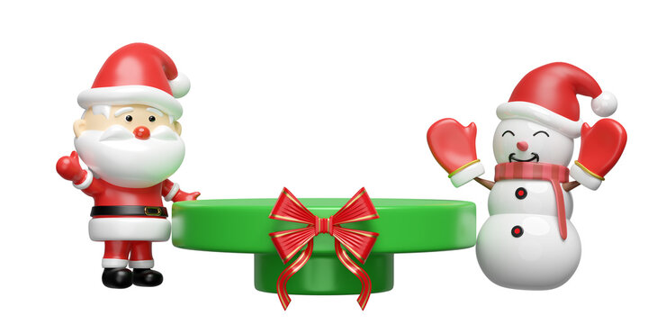 cylinder stage podium with Santa claus, snowman, red ribbon. merry christmas and happy new year, 3d render illustration