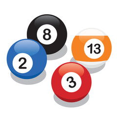 8 ball or snooker vector illustration, black, orange, blue and red billard ball with numbers, solids and stripes.