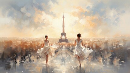 Paris Olympic Games 2024 Background Wallpaper Template Eiffel Tower Opening Ceremony Celebration Beautiful Ballet Dancers for Presentation Slides Watercolor Illustration with Copy Space 16:9 - obrazy, fototapety, plakaty