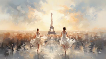 Schilderijen op glas Paris Olympic Games 2024 Background Wallpaper Template Eiffel Tower Opening Ceremony Celebration Beautiful Ballet Dancers for Presentation Slides Watercolor Illustration with Copy Space 16:9 © Vibes 16:9