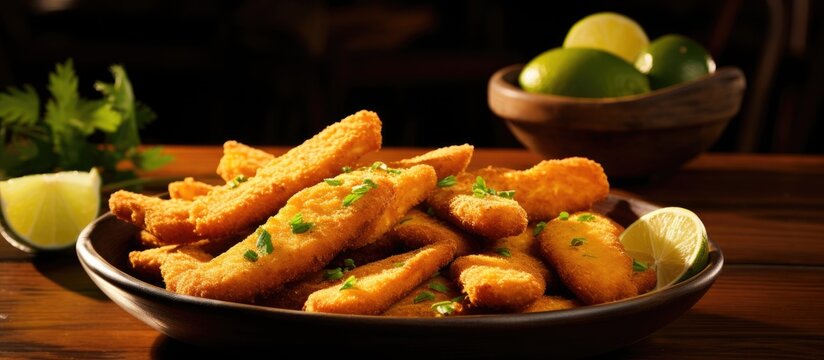 Brazilian snack consisting of fish, breaded and fried, called isca de peixe.