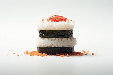 A stack of sushi sitting on top of a pile of rice. Generative AI.