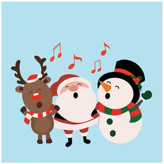 Illustration of  cute and happy santa reindeer and snowman singing christmas song winter hand drawing