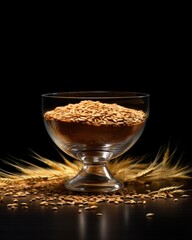 A glass bowl filled with oatmeal sitting on top of a table. Generative AI.