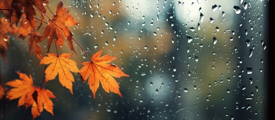 Autumn view through rain-speckled window, two maple leaves on glass.