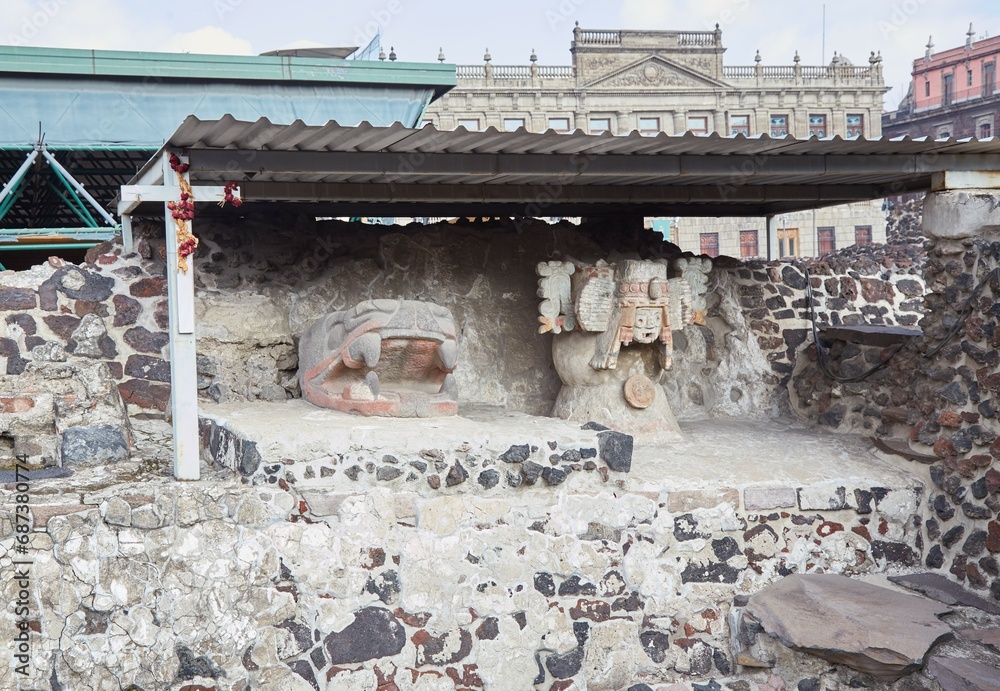 Wall mural the ruins of templo mayor in mexico city, once home to the most sacred aztec pyramids and temples