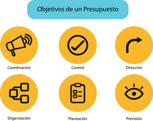 Budget objective icons, direction icon, forecast icon, organization icon, control icon.