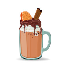 Milkshake with orange, cinnamon and chocolate on isolated background.
