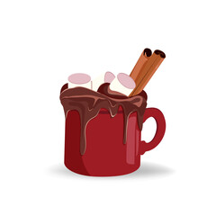 Red cup of cocoa with marshmallow and cinnamon.