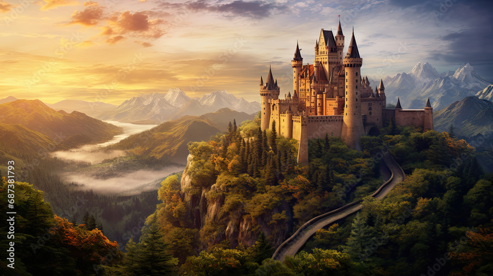Wall mural castle at the hill of a scenic landscape. majestic castle perched. fantasy landscape with ancient ca - Wall murals