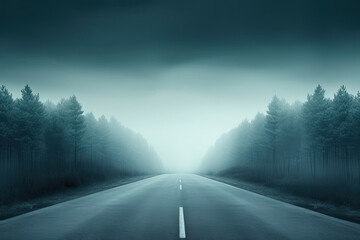 panoramic view of the empty highway with fog. empty road in the country near stormy weather - obrazy, fototapety, plakaty