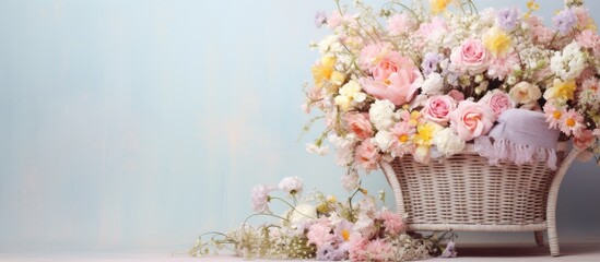 A lovely arrangement of pastel flowers on a wicker chair. - obrazy, fototapety, plakaty