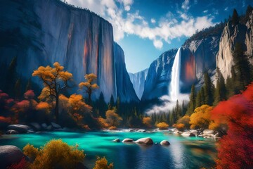 A surreal interpretation of El Capitan and Bridal Veil Falls, surrounded by an otherworldly glow, the landscape transformed into a fantastical realm where reality merges with dreams, Illustration - obrazy, fototapety, plakaty