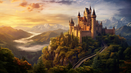 castle at the hill of a scenic landscape. majestic castle perched. fantasy landscape with ancient...
