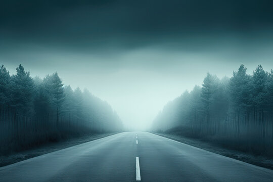 panoramic view of the empty highway with fog. empty road in the country near stormy weather