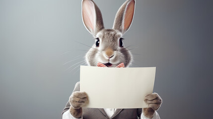 Fototapeta premium rabbit wearing glasses holding a blank sheet