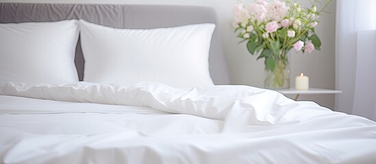 Modern, comfortable white bed linen on a large double bed for relaxation in a beauty salon's bedroom.