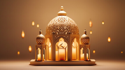 gold ramadan lantern and candles. lamp with arabic decoration. concept for islamic celebration day ramadan kareem.