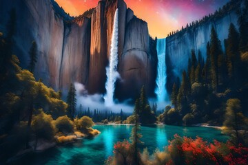 A surreal interpretation of El Capitan and Bridal Veil Falls, surrounded by an otherworldly glow,...