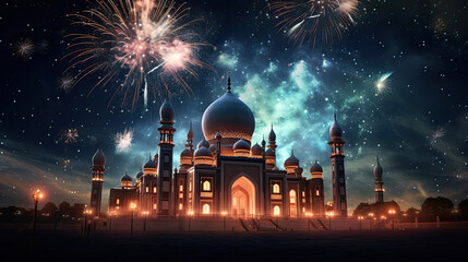night islamic mosque and fireworks in the sky. new year fireworks display over the mosque