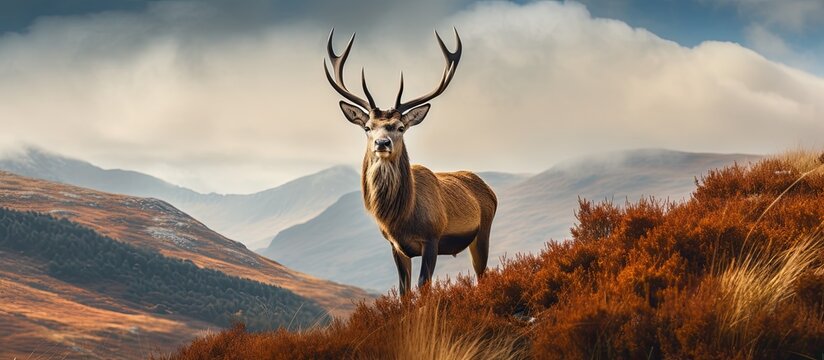 A majestic Red Deer stag in the Scottish Highlands during Autumn.