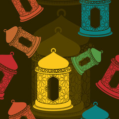 Editable Flat Monochrome Style Arab Lanterns Vector Illustration With Various Colors as Seamless Pattern With Dark Background for Islamic Occasional Theme Such as Ramadan and Eid or Arab Culture