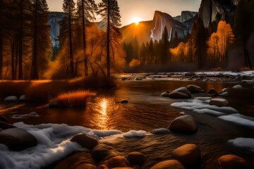 Yosemite Valley bathed in the warm hues of sunset, the iconic granite cliffs casting long shadows,...