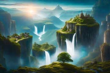 A surreal portrayal of the Avalon Peninsula with floating islands in the sky, waterfalls cascading from these ethereal landmasses - obrazy, fototapety, plakaty