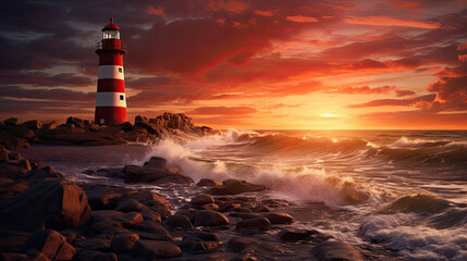 lighthouse in the ocean at sunset - obrazy, fototapety, plakaty