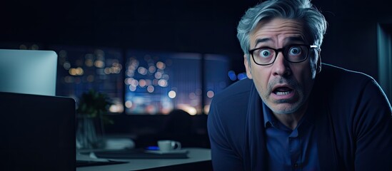 Surprised middle-aged man with gray hair working at night in office, displaying skeptical and sarcastic expression with open mouth. - obrazy, fototapety, plakaty