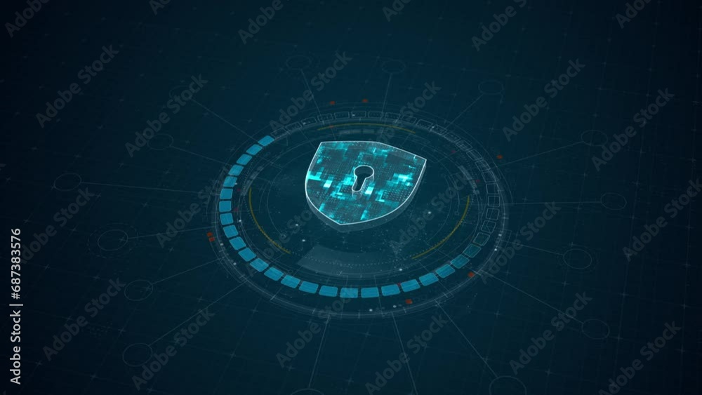 Poster motion graphic of blue digital security key logo and circle futuristic hud elements with network fir