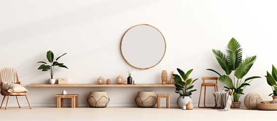Minimalistic and stylish home decor with bright rooms, featuring an open space, wooden furniture, plants, mirror, macrame, and elegant accessories. Includes a template.
