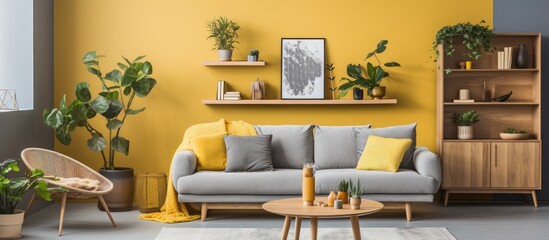 Boho-style living room in cozy apartment with design coffee table, gray sofa, honey yellow pillows,...
