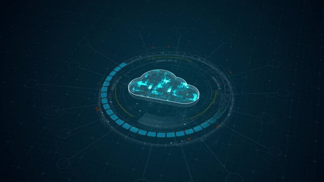 Motion graphic of Blue digital cloud computing logo and 3D circle futuristic HUD elements with storage big data backup concepts on abstract background
