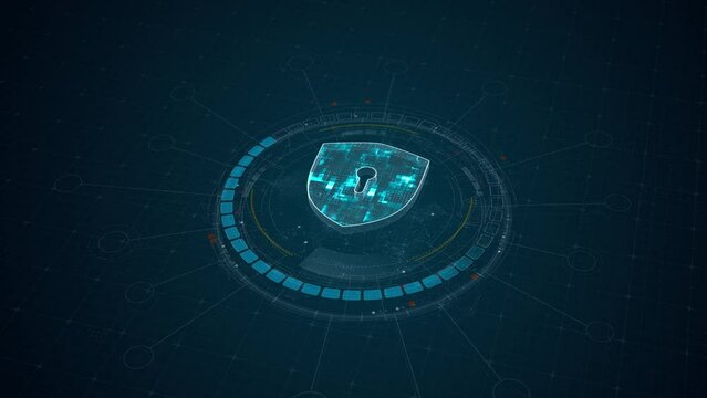 Motion graphic of Blue digital security key logo and circle futuristic HUD elements with network firewall technology and data secure concepts on abstract background