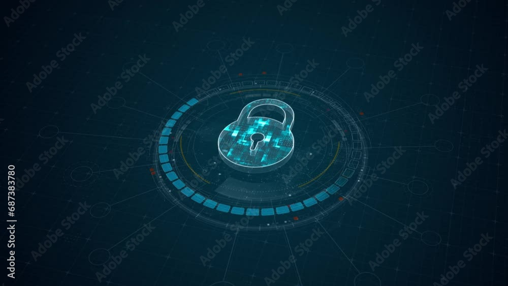 Poster motion graphic of blue digital security key logo and circle futuristic hud elements with network fir