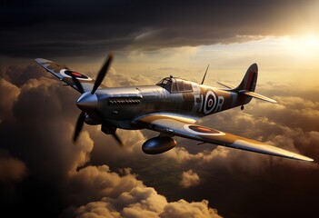 Supermarine Spitfire in clouds side view - Powered by Adobe