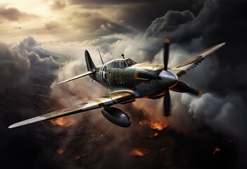 Naklejka premium Supermarine Spitfire in clouds side view