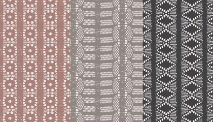 A striped lace fabric design featuring circular and diamond-shaped elements.