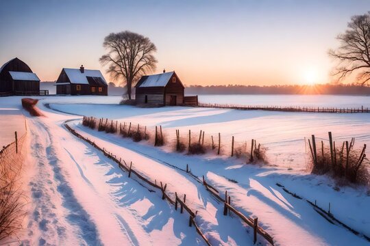 A tranquil winter scene with the sun rising behind a rustic farmhouse, casting long shadows on a winding footpath through untouched snow