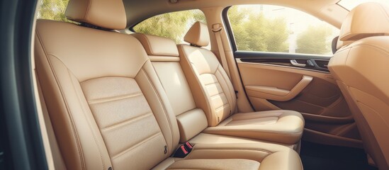 Back seat: wide, clean; leather interior, car passenger and driver seats, angle view, sunroof, buttons, dashboard, beige nappa leather. - obrazy, fototapety, plakaty