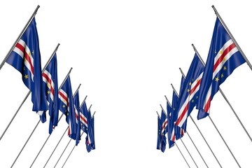 cute many Cabo Verde flags hangs on diagonal poles from left and right sides isolated on white - any feast flag 3d illustration..