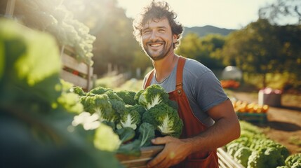 man farmer with fresh vegetables, cabbage harvest, natural selection, organic, harvest season, agricultural business owner, young smart framing, healthy lifestyle, farm and garden direct, non toxic - obrazy, fototapety, plakaty