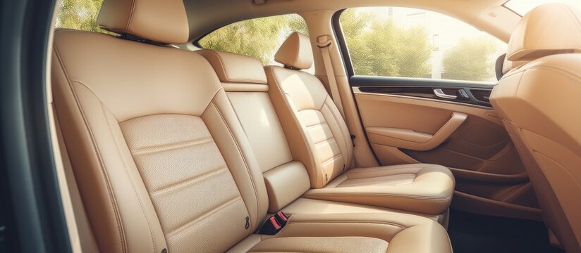Back seat: wide, clean; leather interior, car passenger and driver seats, angle view, sunroof, buttons, dashboard, beige nappa leather.